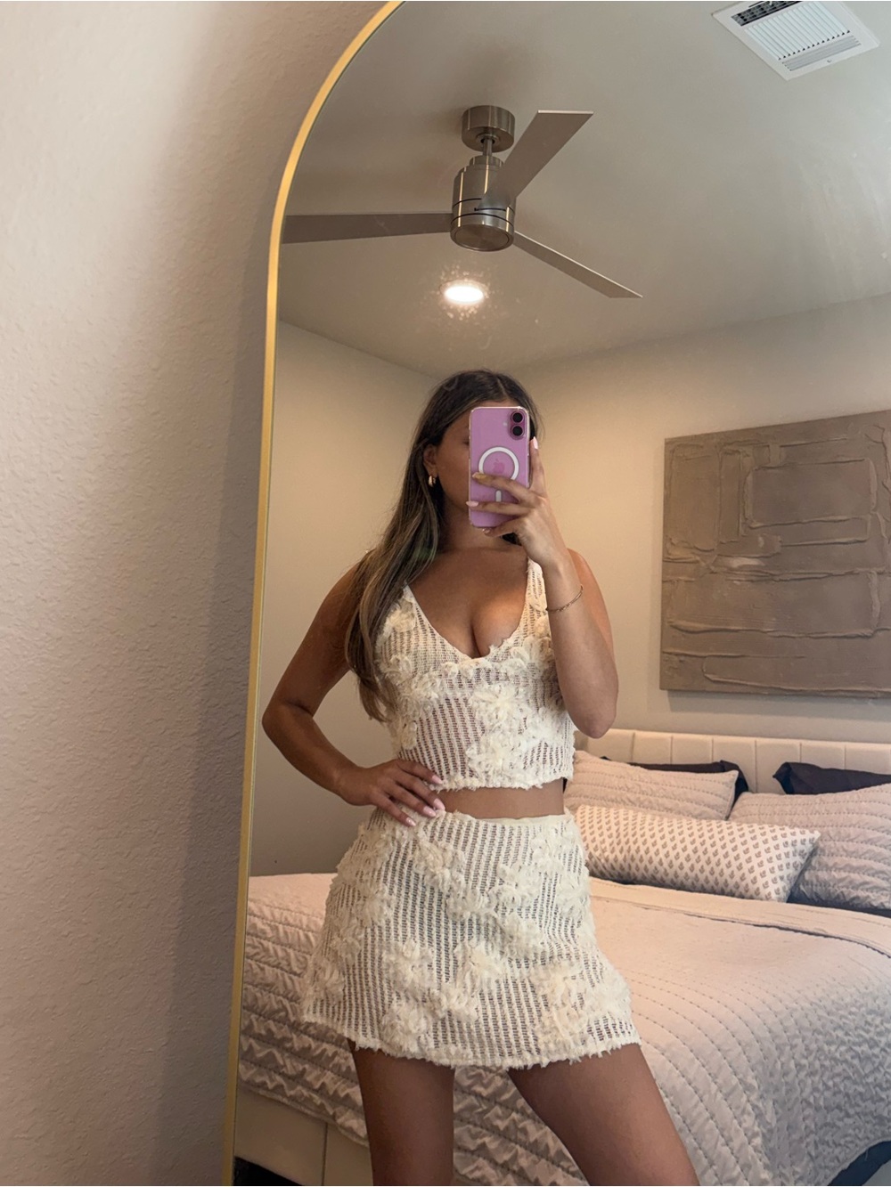White Fox Boutique Cream Crochet Lace V-Neck Crop Top & Mini Skirt Set